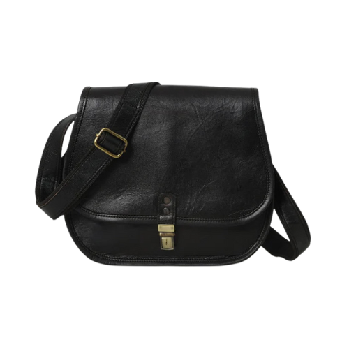 Bagelica Classic Black Leather Sling Bag with Front Buckle