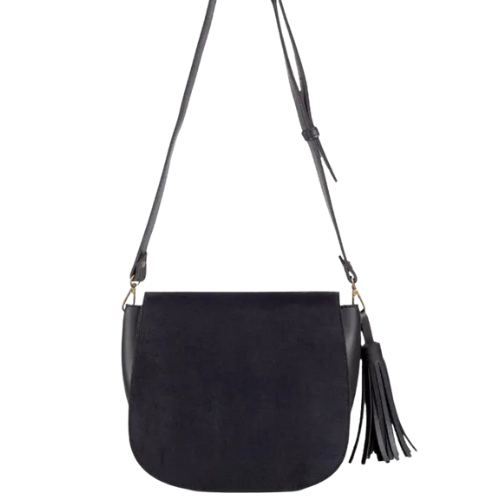 Bagelica Black Suede Crossbody Bag with Leather Tassel – Adjustable Strap