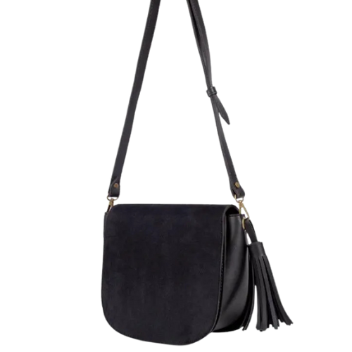 Bagelica Black Suede Crossbody Bag with Leather Tassel – Adjustable Strap - Image 2
