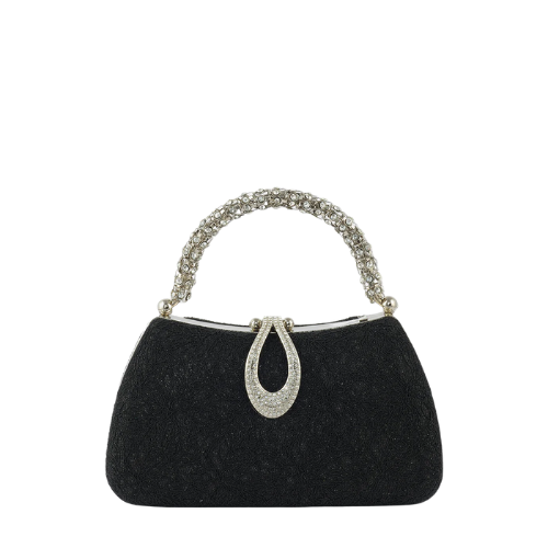 Bagelica Regal Black Evening Clutch with Crystal Handle