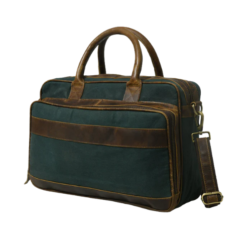 Bagelica Heritage Dark Green Canvas & Brown Leather Laptop Bag - Image 2