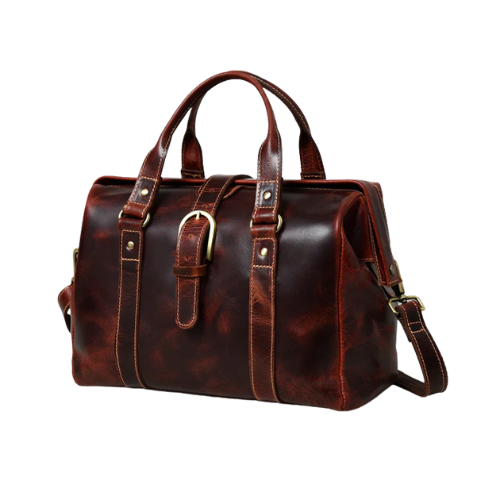 Bagelica Heritage Brown Leather Duffel Bag with Buckle Accent & Shoulder Strap - Image 3