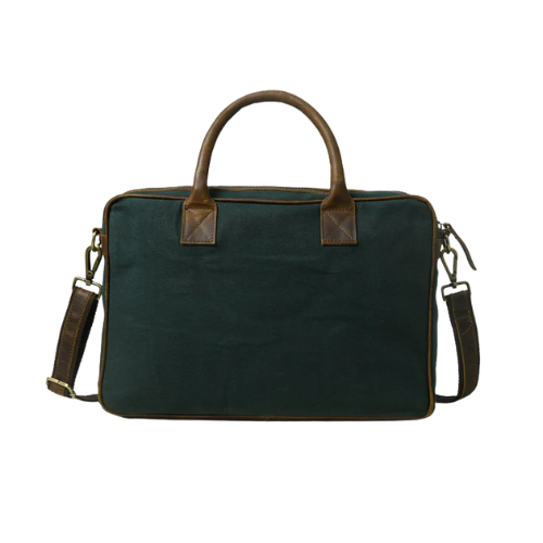 Bagelica Heritage Dark Green Canvas & Brown Leather Laptop Bag - Image 3