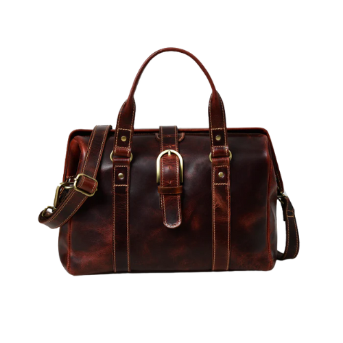 Bagelica Heritage Brown Leather Duffel Bag with Buckle Accent & Shoulder Strap - Image 2