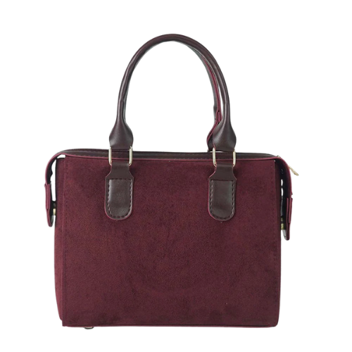 Bagelica Elegant Maroon Suede-Style Handbag with Brown Faux Leather Handles