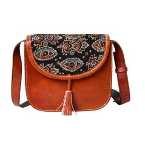 Bagelica Handcrafted Leather Crossbody Bag with Printed Flap & Tassel – Boho Chic